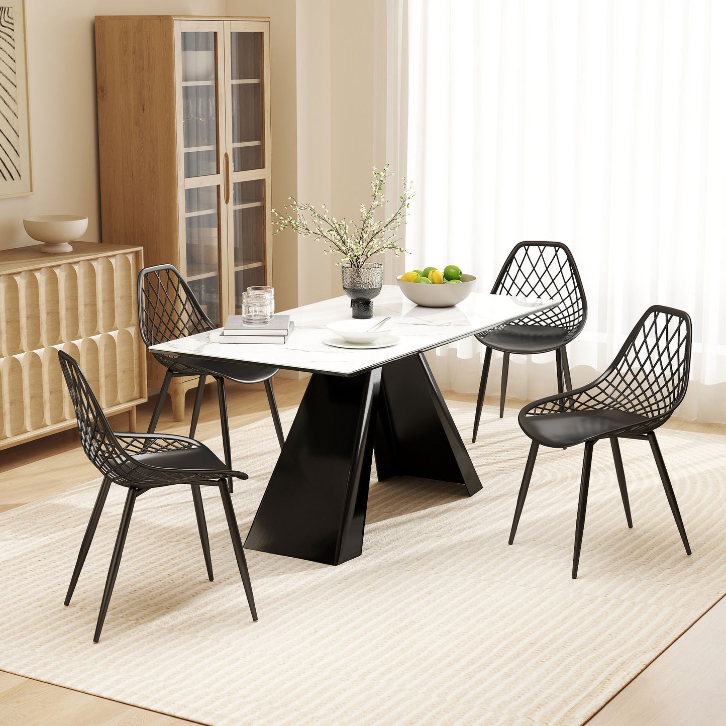 Set 4 Scaune Moderne cu Spătar Perforat Plastic și Metal Negru