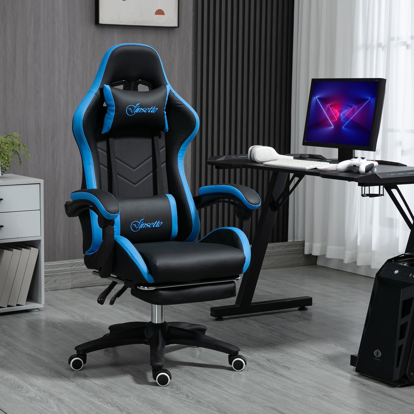 Scaun de gaming din piele ecologica PU si otel cu inaltime reglabila si spatar inclinabil, 65x65x121-129 cm, albastru si negru
