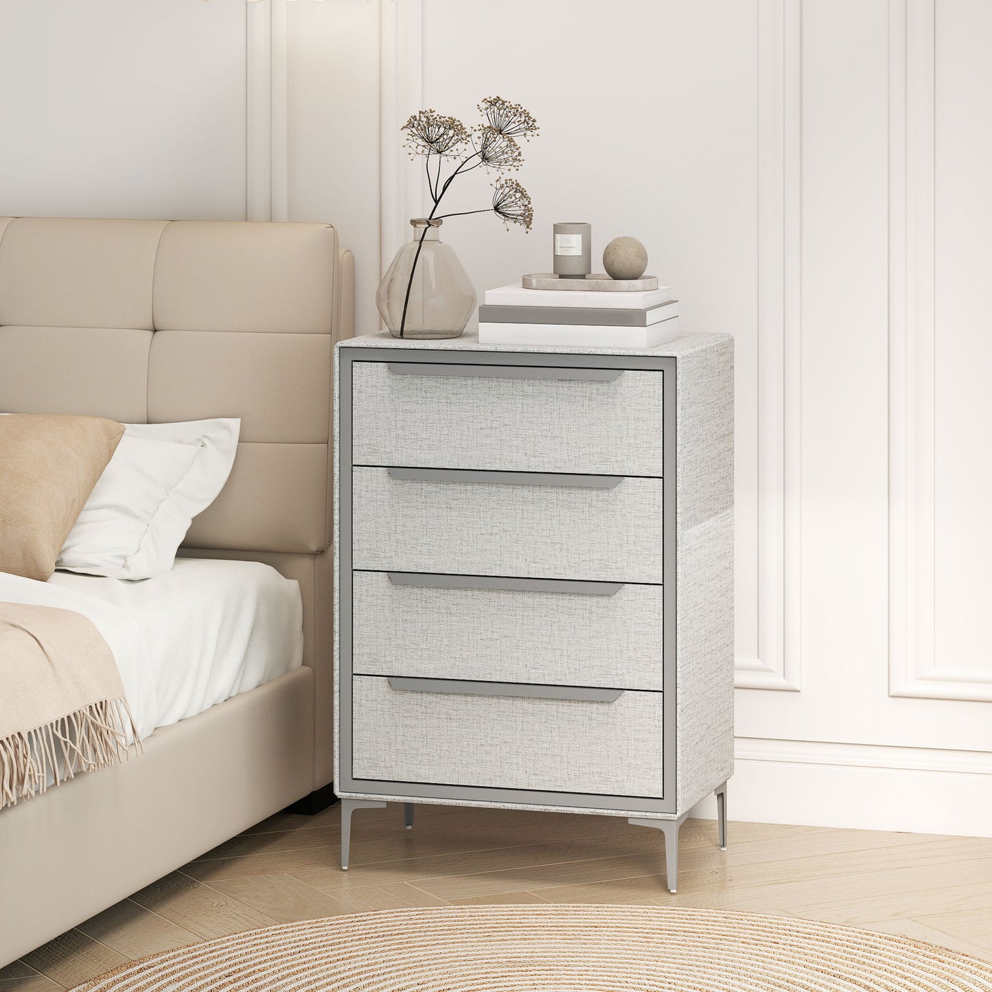 Comoda cu 4 Sertare în Oțel cu Acoperire în Țesut cu Efect de In, 60x36x88 cm, Gri