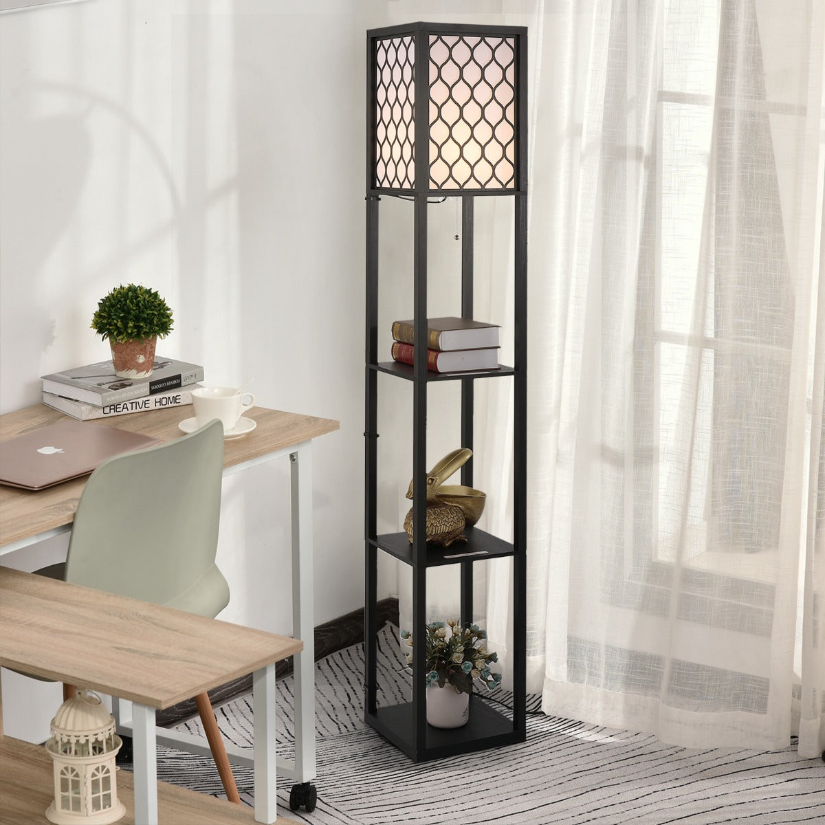 Lampă stand cu rafturi 3 niveluri, negru 26x26x160 cm, Iluminare caldă și rafturi pentru living sau birou