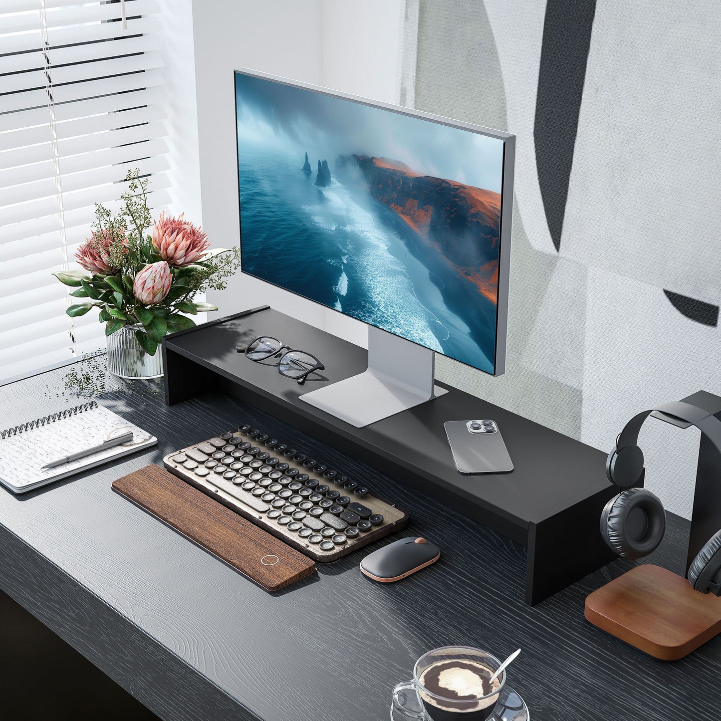 Suport pentru Monitor PC până la 16 kg cu 2 Compartimente de Depozitare, 100x27x15 cm, Negru
