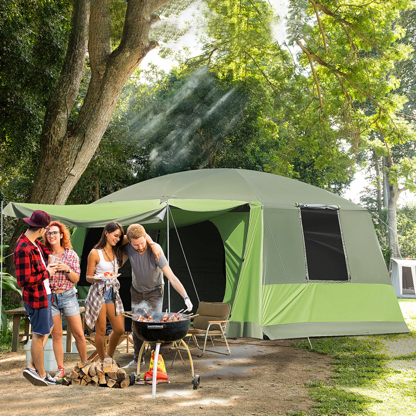 Cort de Camping pentru 8 Persoane, 2 Camere, Verandă Mare, Rezistent la Apă și Vânt, 410x310x225 cm, Albastru/Gri