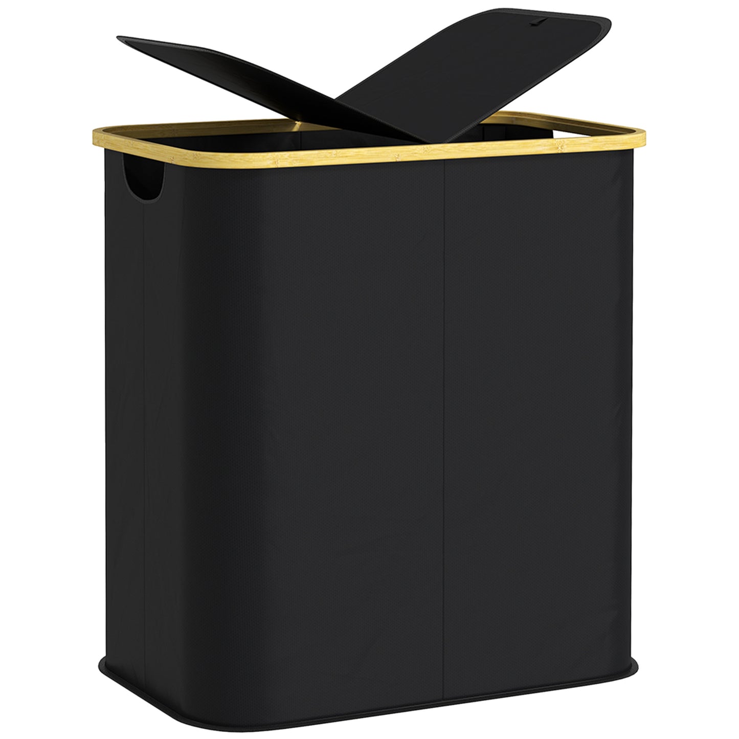 Coș pentru Rufe de 80L cu 2 Secțiuni și Capac din Material Textil și Bambus, 54x34x58,5 cm, Negru