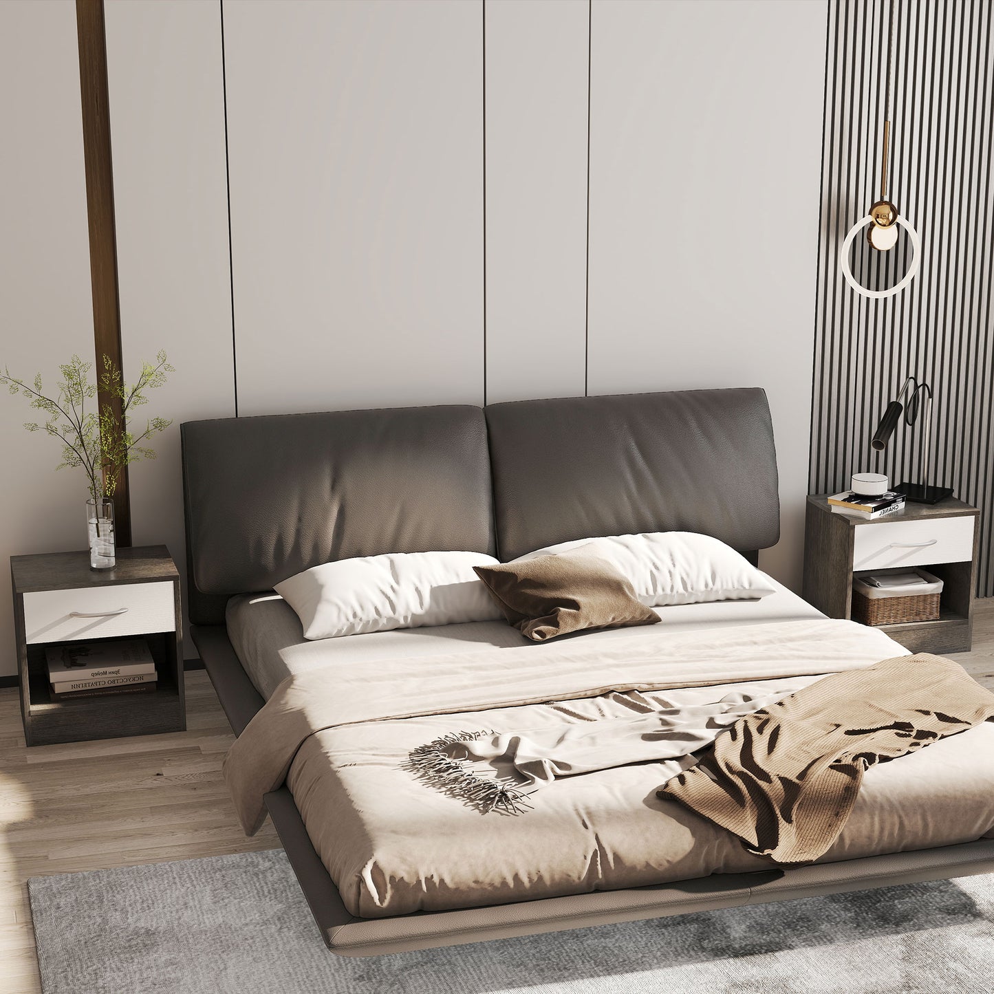 Set de 2 Noptiere Moderne cu Raft Deschis și Sertar, din Lemn, 39x28x41 cm, Alb și Gri Închis