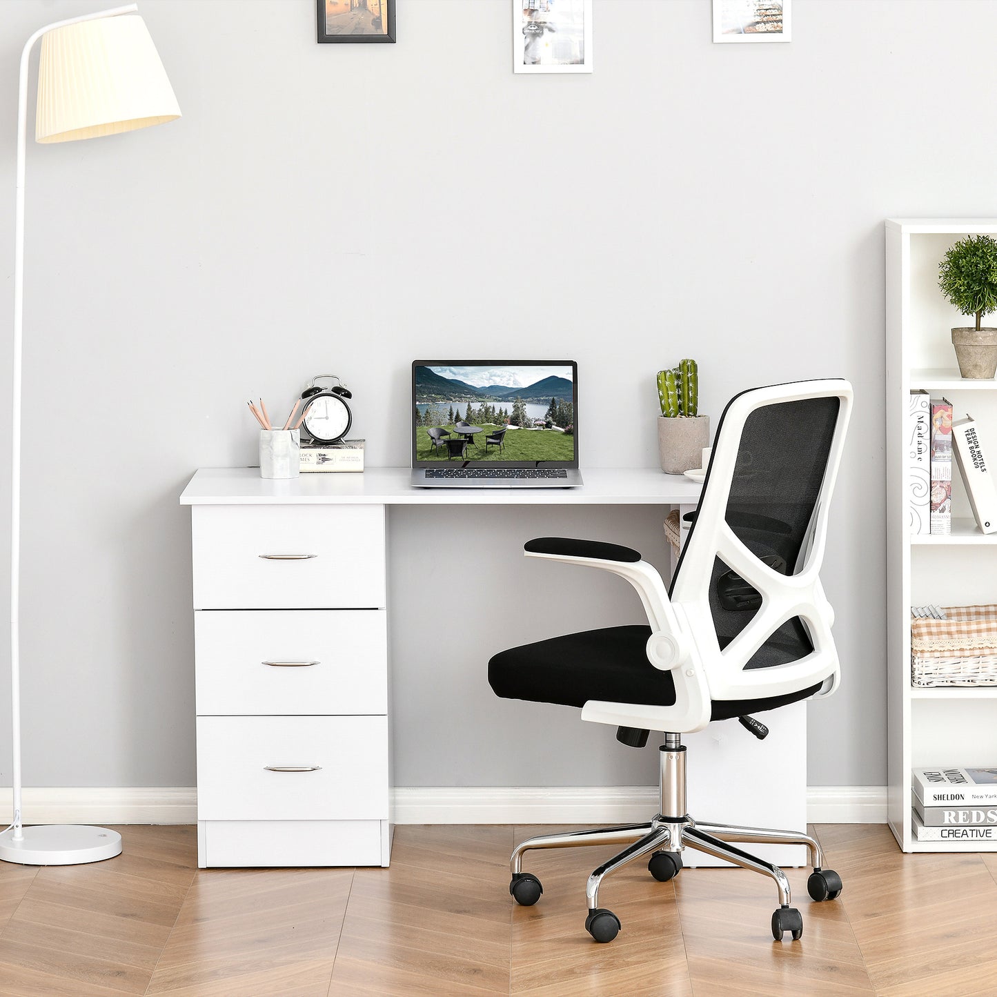 Birou modern cu 3 Sertare si Rafturi in Lemn Alb 120x49x72cm
