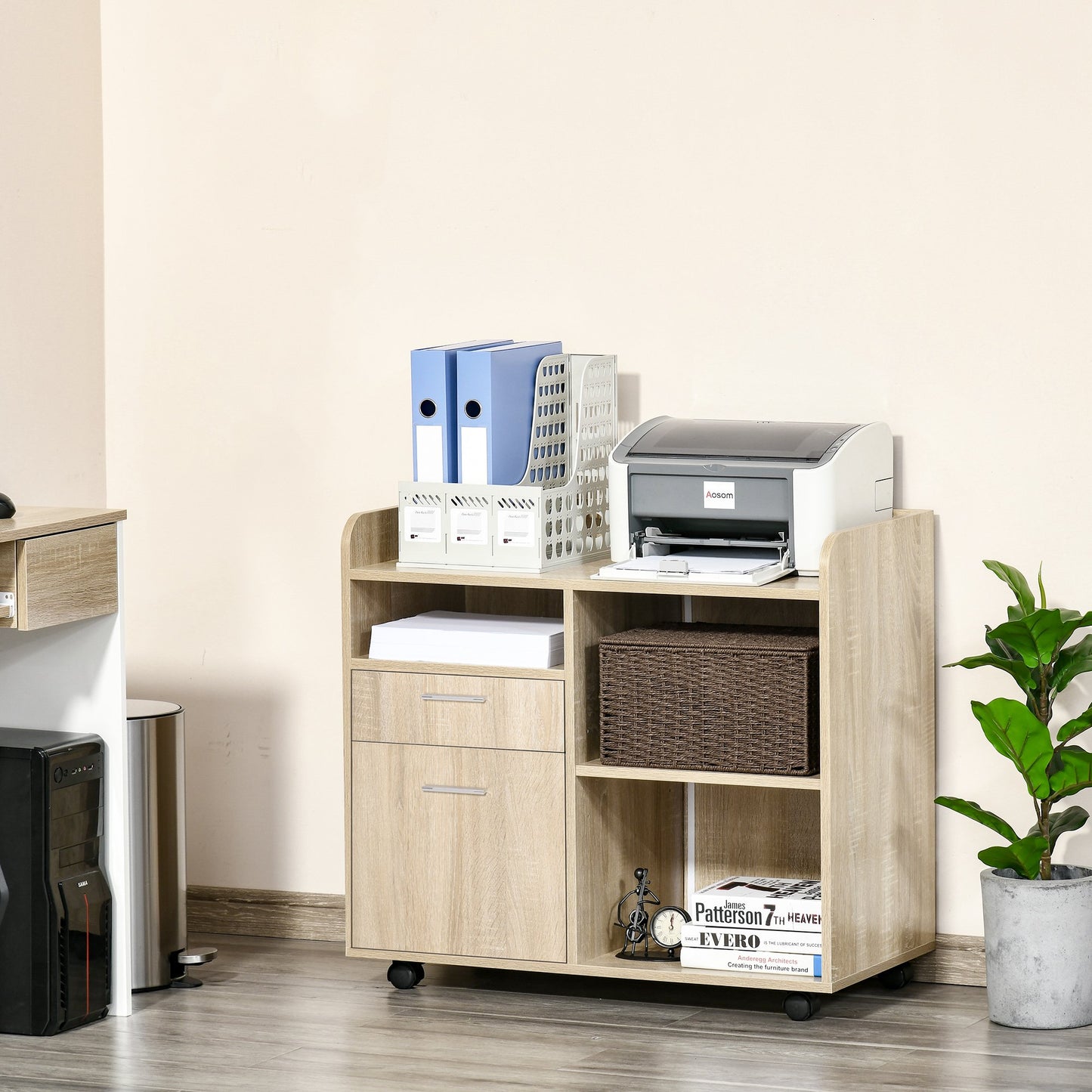 Dulap Imprimantă Birou Multifuncțional 80x40x72 cm, Dulap Joasă cu Sertare, Rafturi, 4 Roți, Culoare Stejar