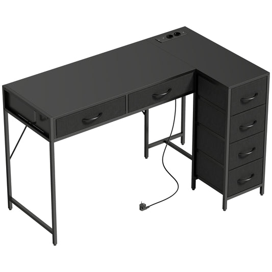 Birou de Colț Reversibil cu Prize de Curent și Porturi USB, 126 x 48 cm, Birou în Formă de L cu 6 Sertare din Material Textil, Cârlig Lateral, pentru Computer, Birou, Studiu, Acasă, Negru