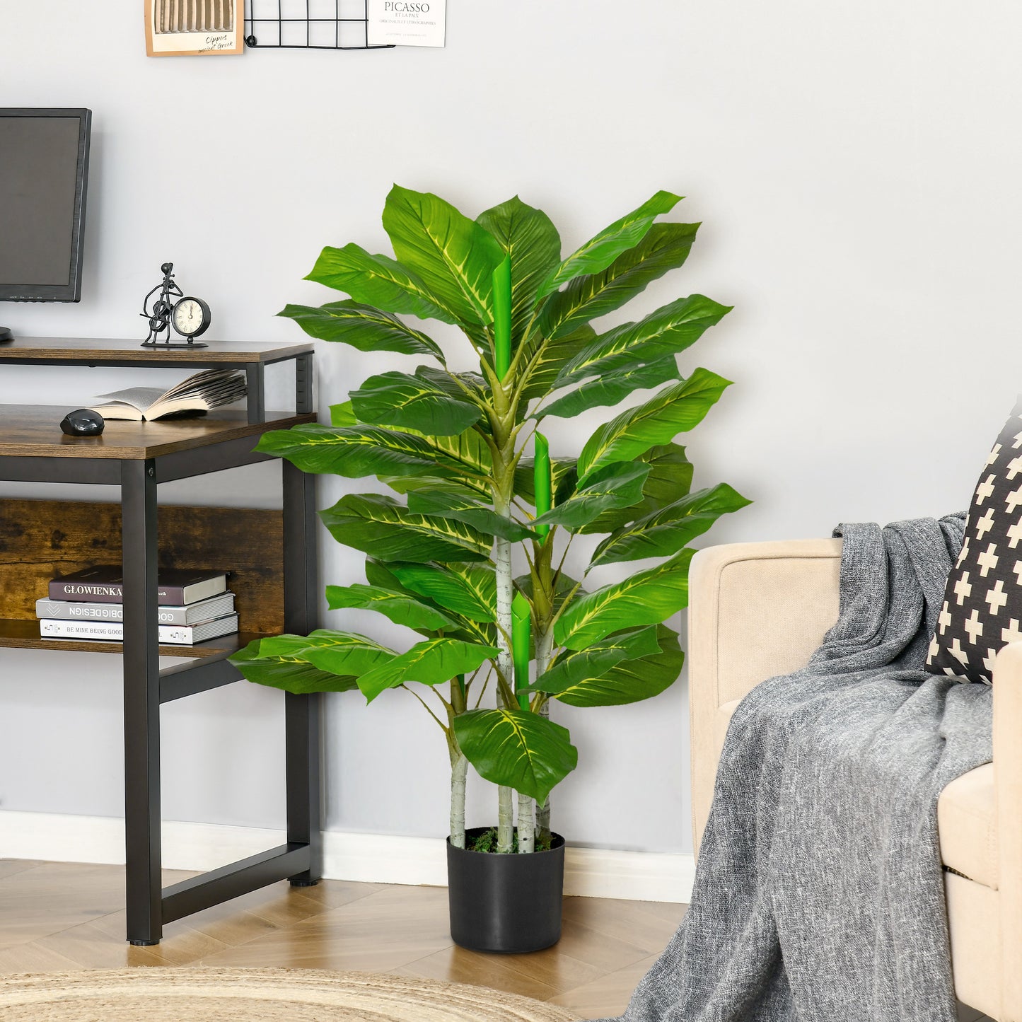 Plantă Artificială cu 33 de Frunze pentru Uz Interior și Exterior cu Ghiveci, Plantă Falsă în PEVA, PE și Ciment, 95 cm, Verde