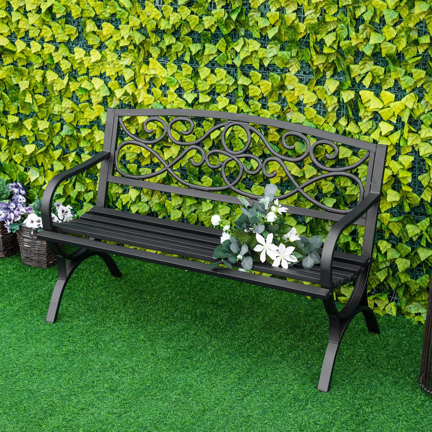 Bancuta pentru gradina 2 locuri din otel si fonta cu brate si decoratiune, 128x58.5x85cm, negru