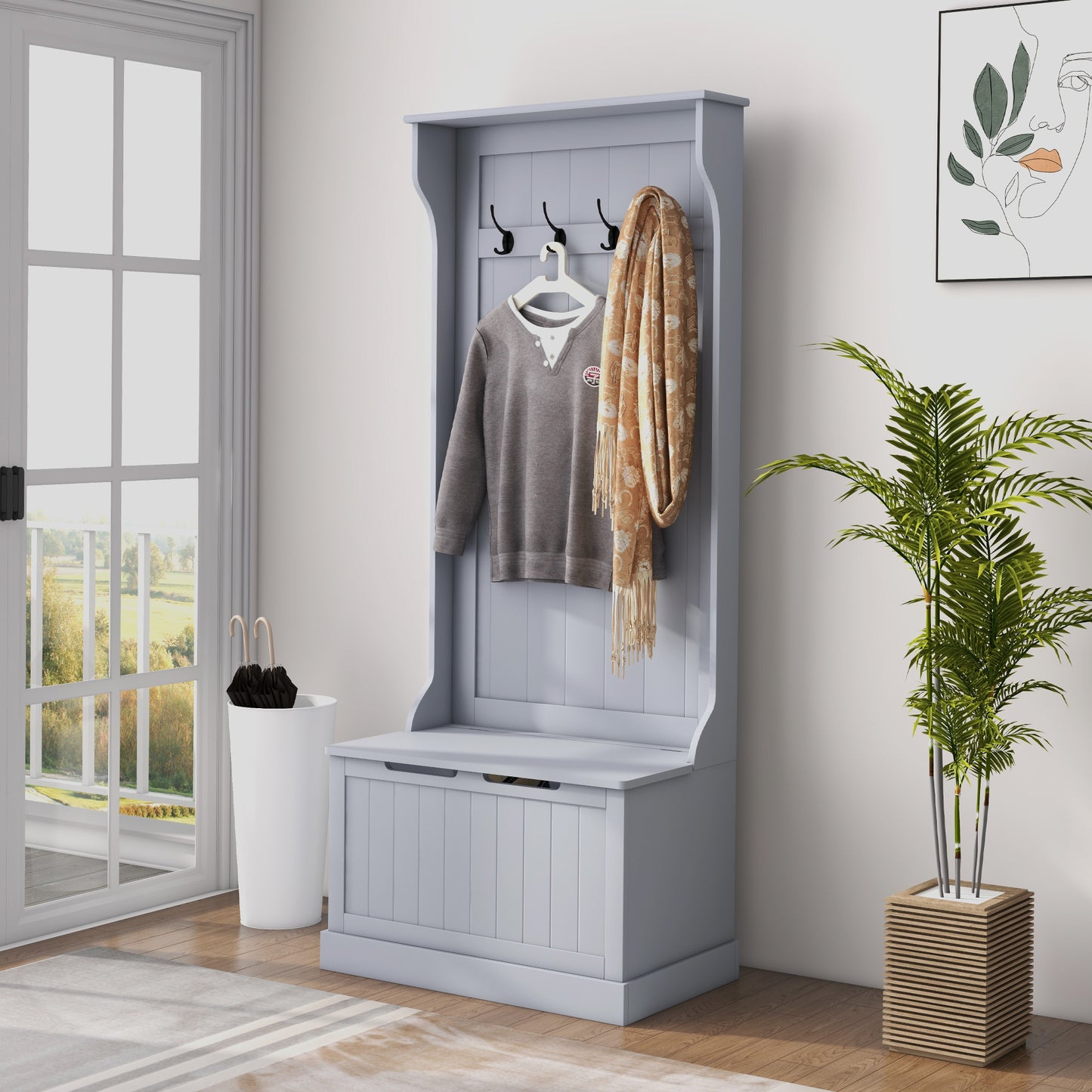 Cuier 3 în 1 cu 4 cârlige și bancă cu spațiu de depozitare, din lemn, 71,5x39,5x170 cm, gri