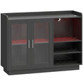 Bar mobil cu suport pentru sticle, lumină LED și raft reglabil, din lemn și sticlă, 120x38x88 cm, negru
