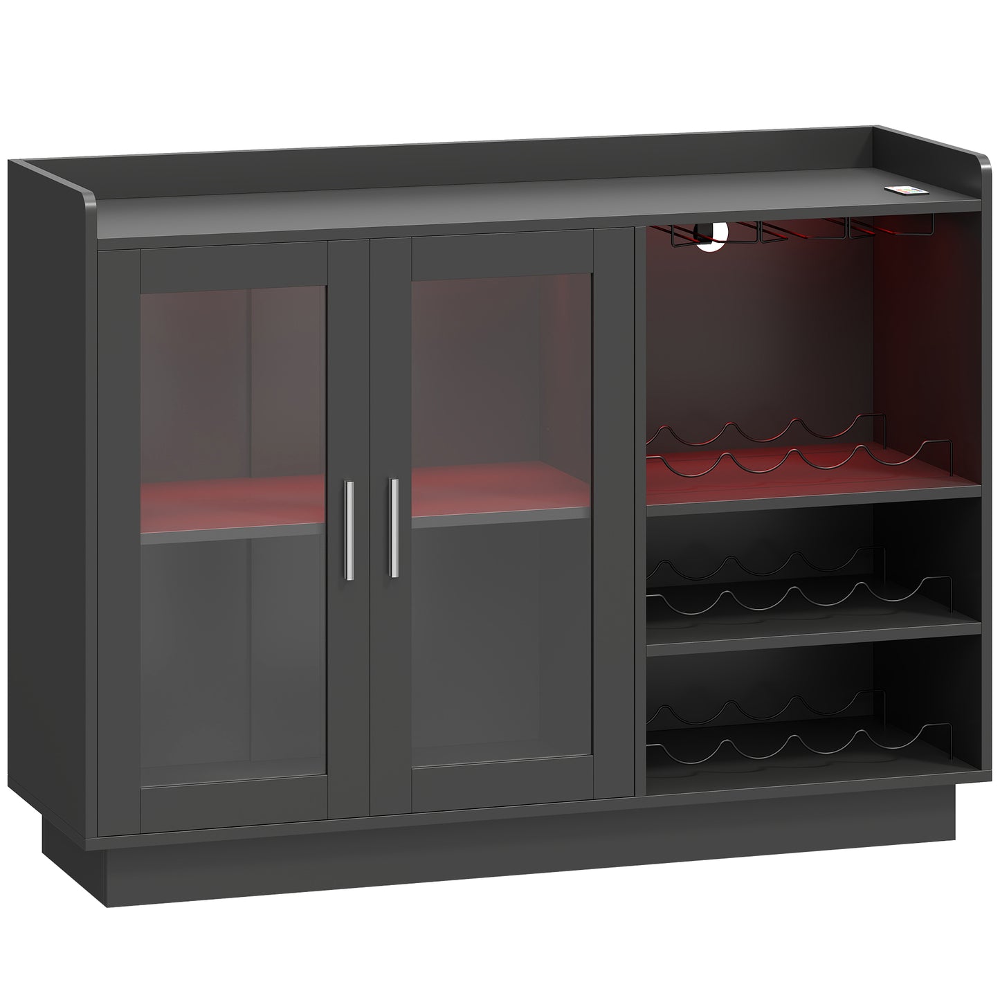 Bar mobil cu suport pentru sticle, lumină LED și raft reglabil, din lemn și sticlă, 120x38x88 cm, negru