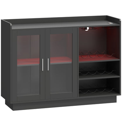 Bar mobil cu suport pentru sticle, lumină LED și raft reglabil, din lemn și sticlă, 120x38x88 cm, negru