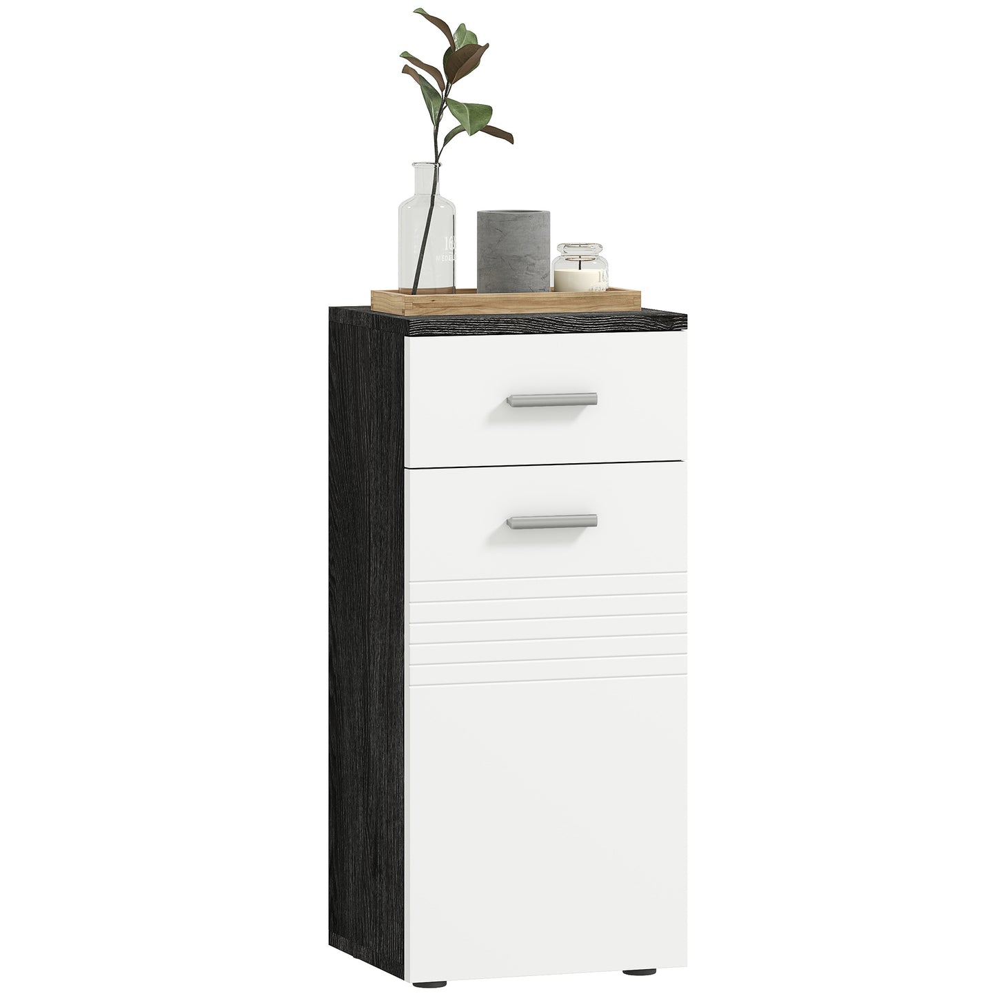 Dulap Baie din Lemn cu Sertar și Rafturi, Design Alb și Negru