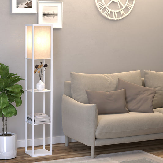 Lampă de Podea 40W cu 3 Rafturi și Comutator cu Pedală, din Lemn și PS, 26x26x160 cm, Albă