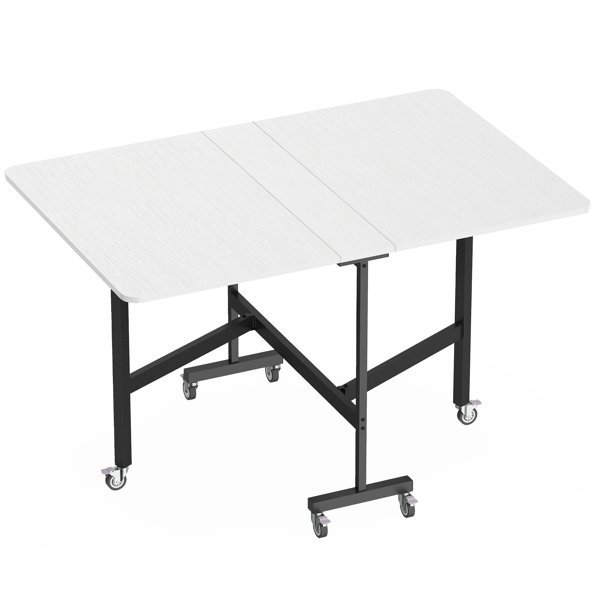 Masă pliabilă pentru 4-6 persoane cu 2 extensii și roți cu frână, 120x80x73 cm, alb cu aspect de lemn