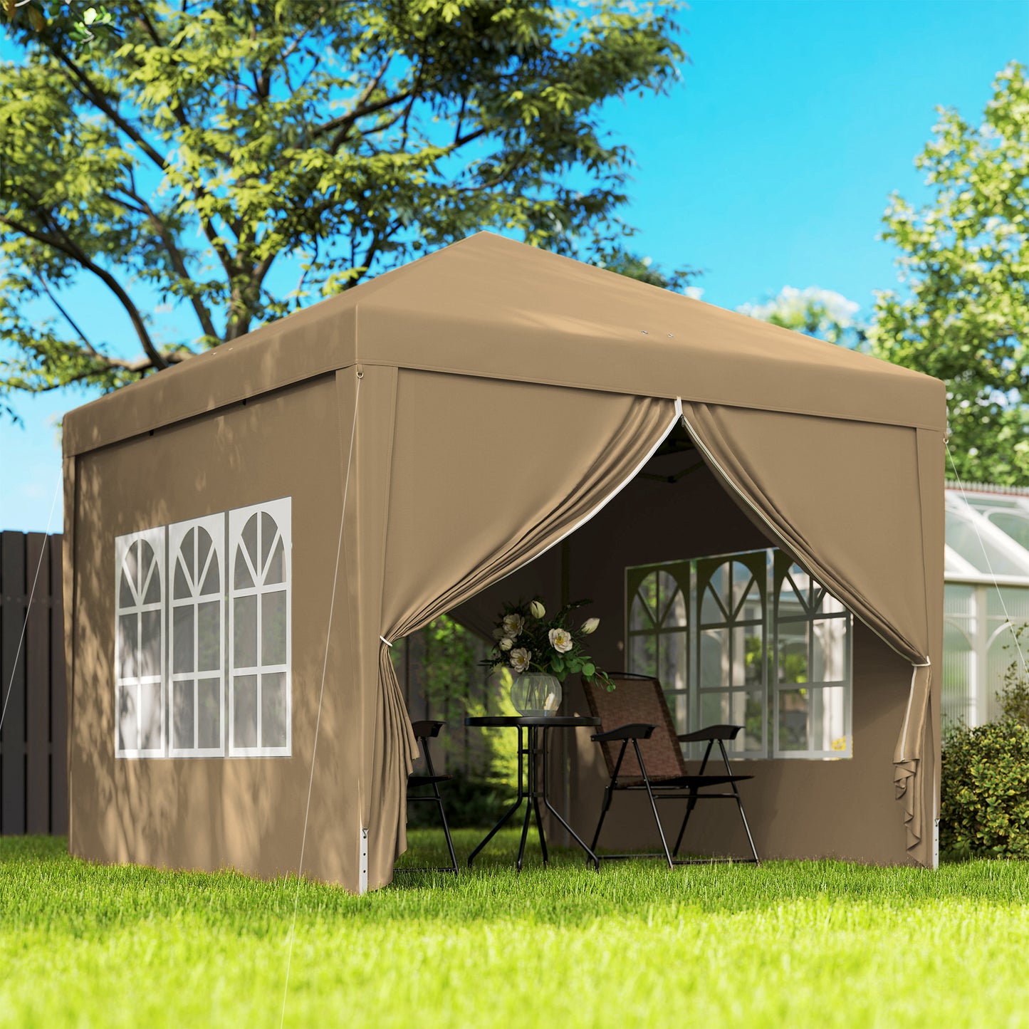 Foisor de gradina pliabil  din otel si tesatura Oxford cu funii si cuie incluse, 2,95x2,95x2,58 m, alb