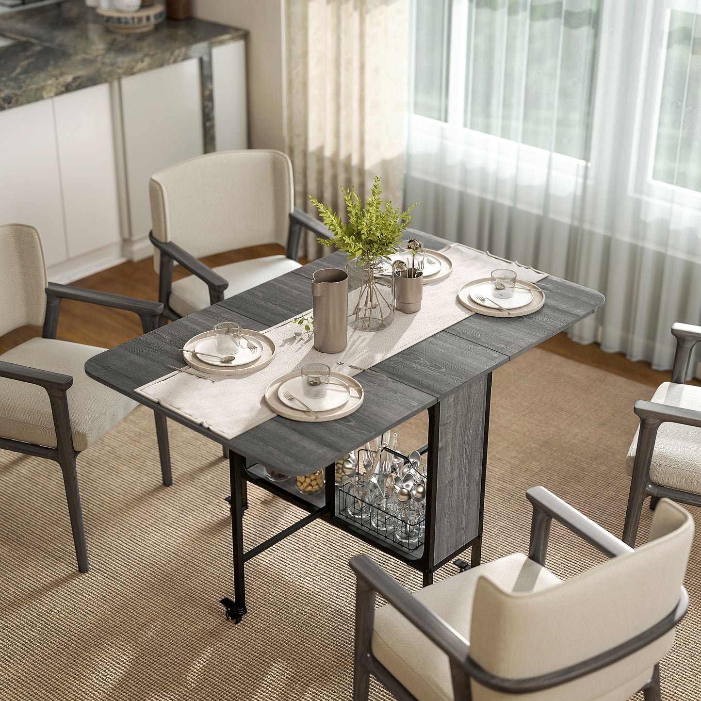Masă de dining pliabilă pentru maximum 6 persoane, cu raft, din lemn și metal, 130x80x74 cm, gri