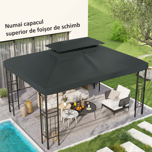 Acoperire pentru Gazebo 4x3 m cu 2 Niveluri din Poliester cu Curele și 10 Orificii de Drenaj, Gri Antracit