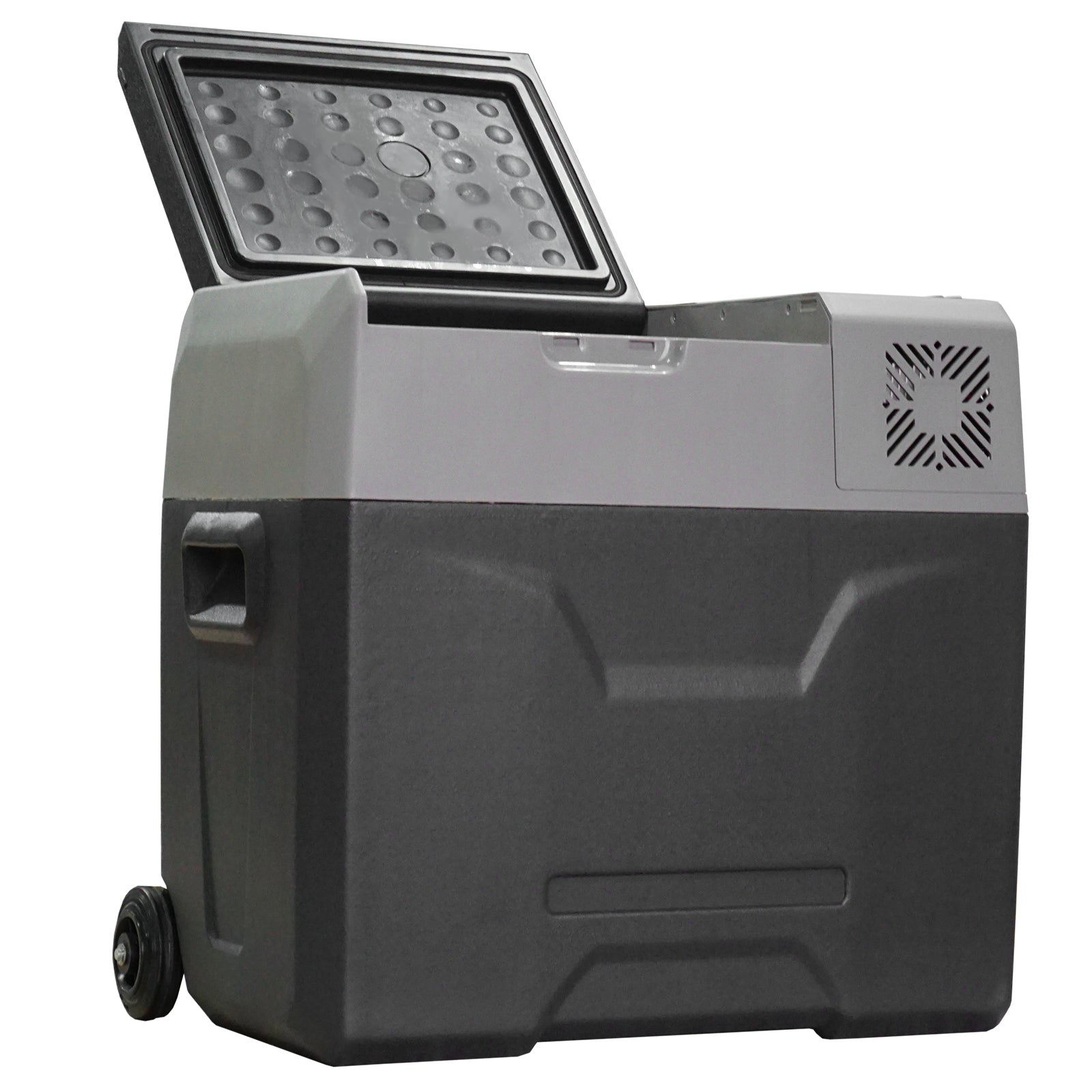 Frigider auto de 50L cu panou tactil, mâner și 2 roți, din aluminiu și plastic, 58.6x37.8x54.5 cm, gri