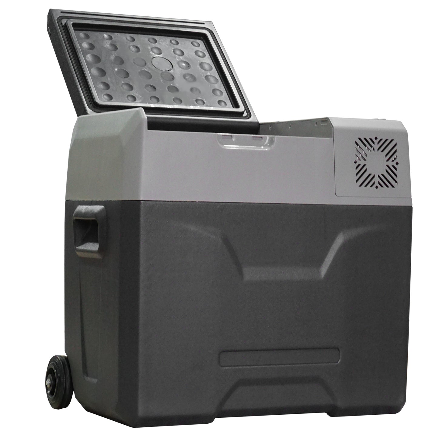 Frigider auto de 50L cu panou tactil, mâner și 2 roți, din aluminiu și plastic, 58.6x37.8x54.5 cm, gri