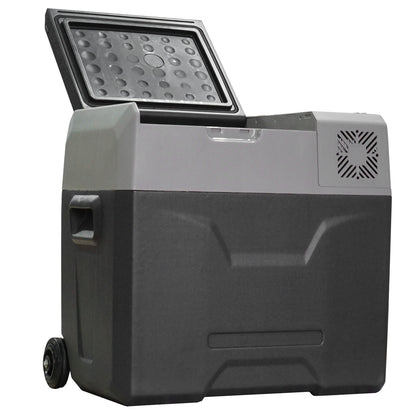 Frigider auto de 50L cu panou tactil, mâner și 2 roți, din aluminiu și plastic, 58.6x37.8x54.5 cm, gri