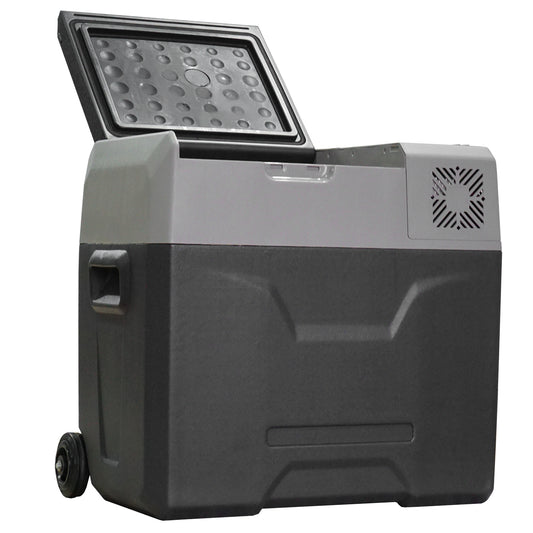 Frigider auto de 50L cu panou tactil, mâner și 2 roți, din aluminiu și plastic, 58.6x37.8x54.5 cm, gri