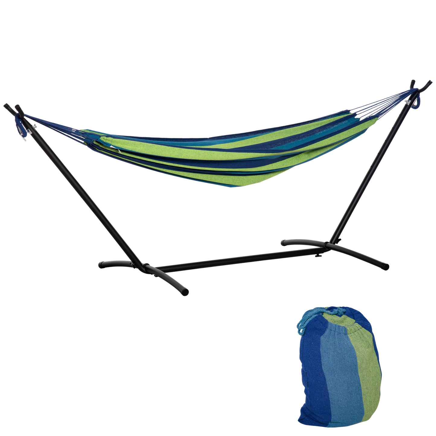 Hamac de Grădină Suspendat 310x117 cm cu Înălțime Reglabilă și Suport, Capacitate 120 kg, Hamac Autoportant cu Geantă de Transport, pentru Camping, Grădină, Balcon, Patio, Verde și Albastru