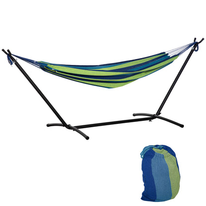 Hamac de Grădină Suspendat 310x117 cm cu Înălțime Reglabilă și Suport, Capacitate 120 kg, Hamac Autoportant cu Geantă de Transport, pentru Camping, Grădină, Balcon, Patio, Verde și Albastru