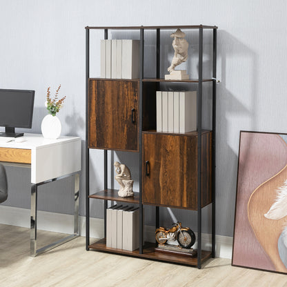 Biblioteca in stil industrial modern cu 4 rafturi si 2 dulapuri, rafturi din metal si lemn pentru casa si birou, 90x30x159,5 cm, negru si maro