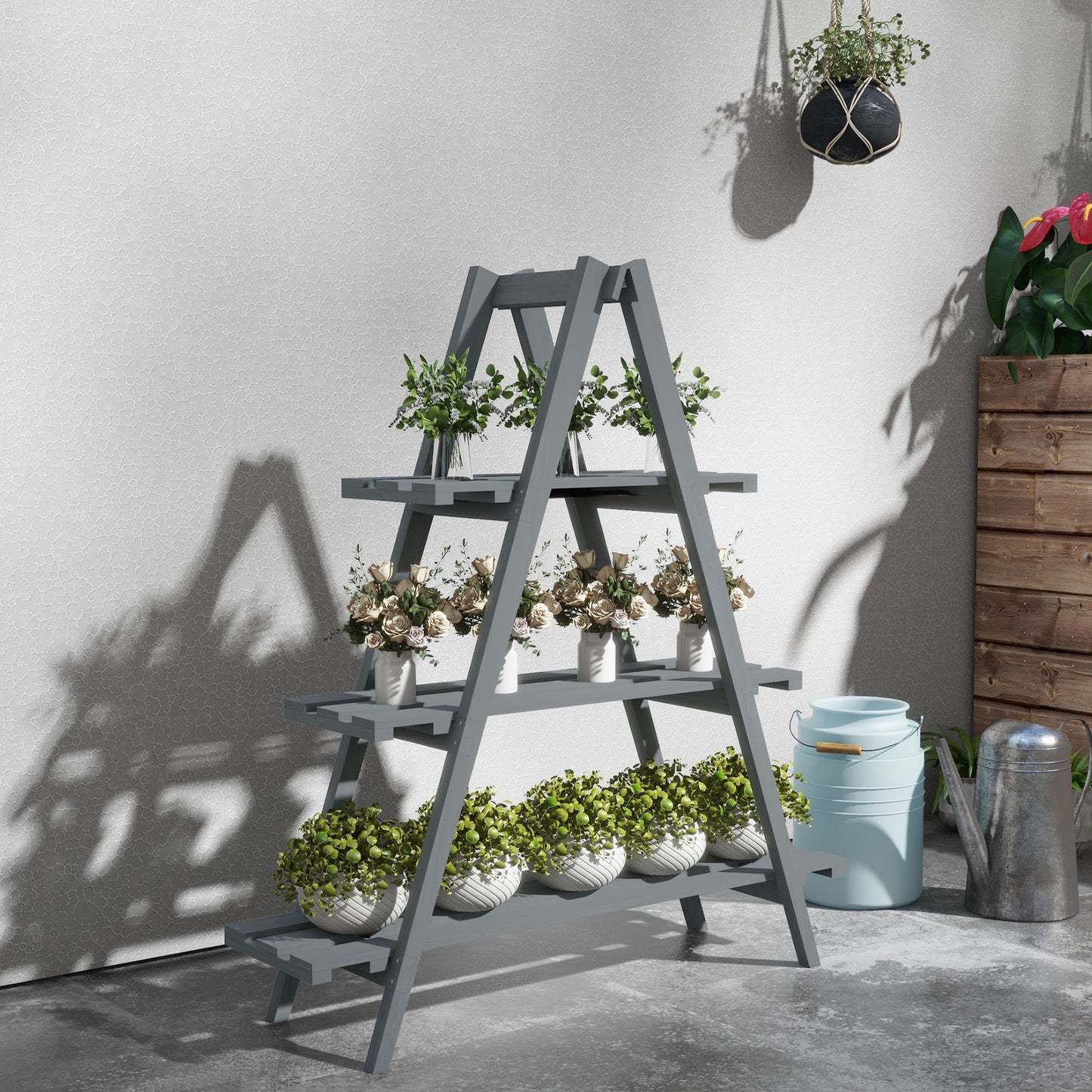 Suport pentru Plante Vertical cu 3 Niveluri, din Lemn de Brad, 100x36x112 cm, Gri