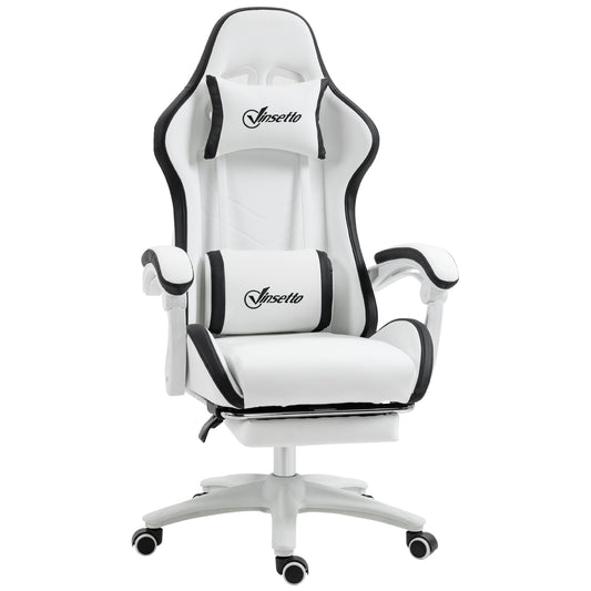 Scaun Gaming Reglabil pe Înălțime, Rabatabil și cu Suport pentru Picioare, Alb