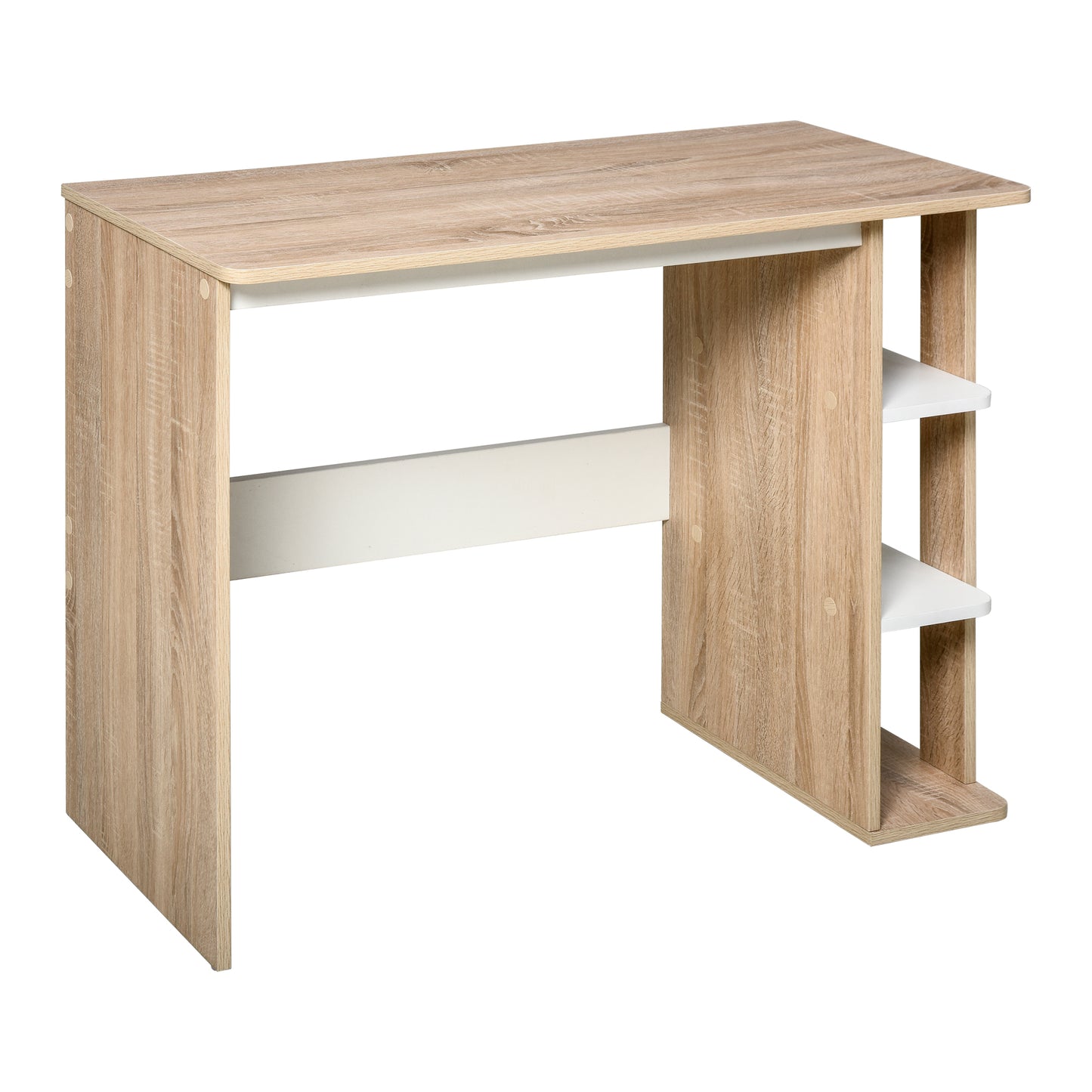 Birou Modern din Lemn cu Raft cu 3 Etaje, 100x44x74cm, Alb și Stejar