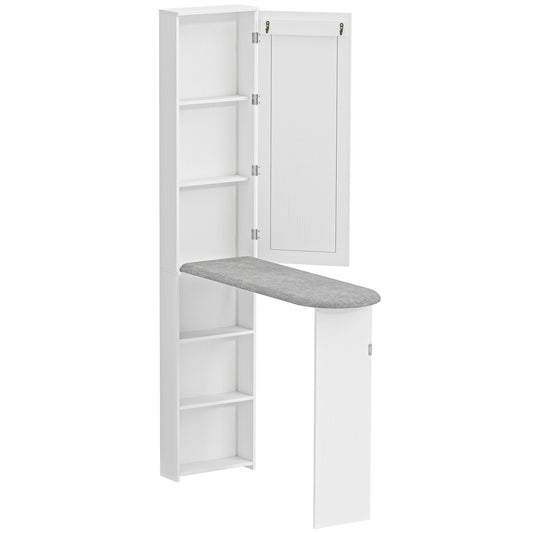 Dulap cu Masă de Călcat Pliabilă Economisitor de Spațiu cu Oglindă, Dulap Multifuncțional cu 6 Compartimente, 2 Cârlige, pentru Spălătorie Baie, 107x35x174 cm, Alb