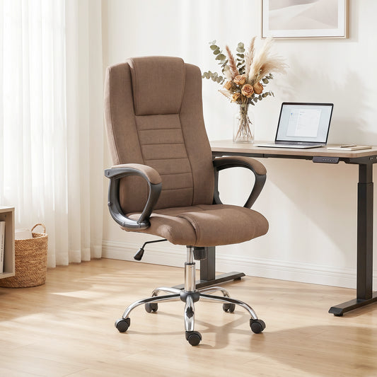 Scaun de Birou Ergonomic Inclinabil și Rotativ în Țesătură cu Aspect de In cu Tetieră, Maro
