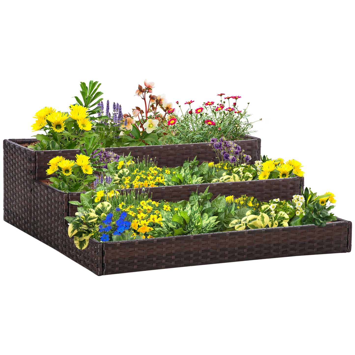 Pat de gradina inaltat cu 3 niveluri din ratan sintetic fara fund pentru plante si legume, 120x120x40cm, gri