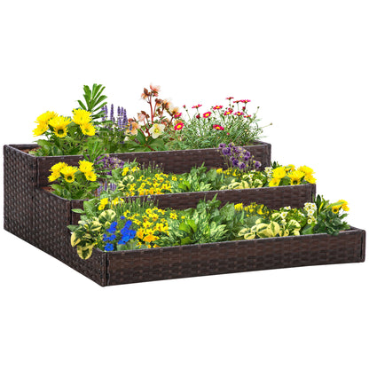 Pat de gradina inaltat cu 3 niveluri din ratan sintetic fara fund pentru plante si legume, 120x120x40cm, gri
