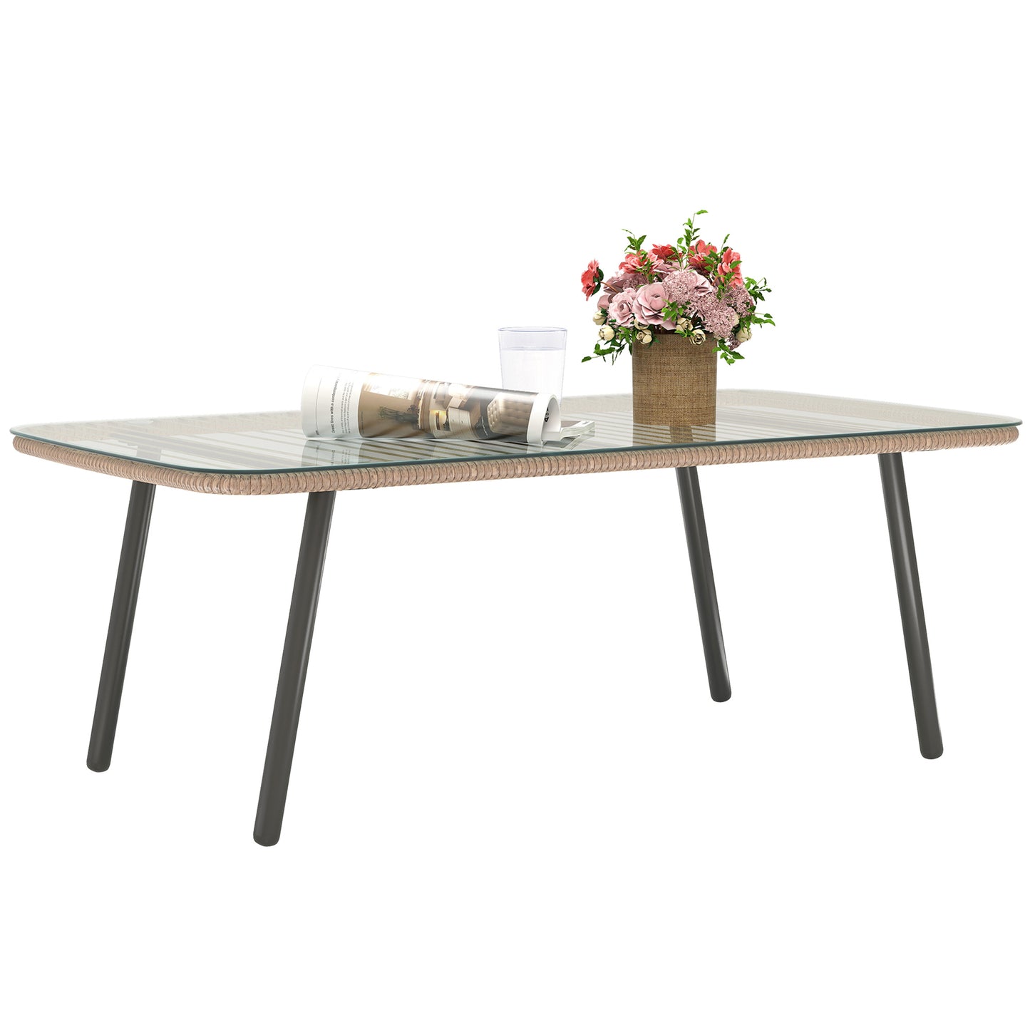 Măsuță de Grădină din Ratan PE și Sticlă 110x60x40 cm Lemn Natural