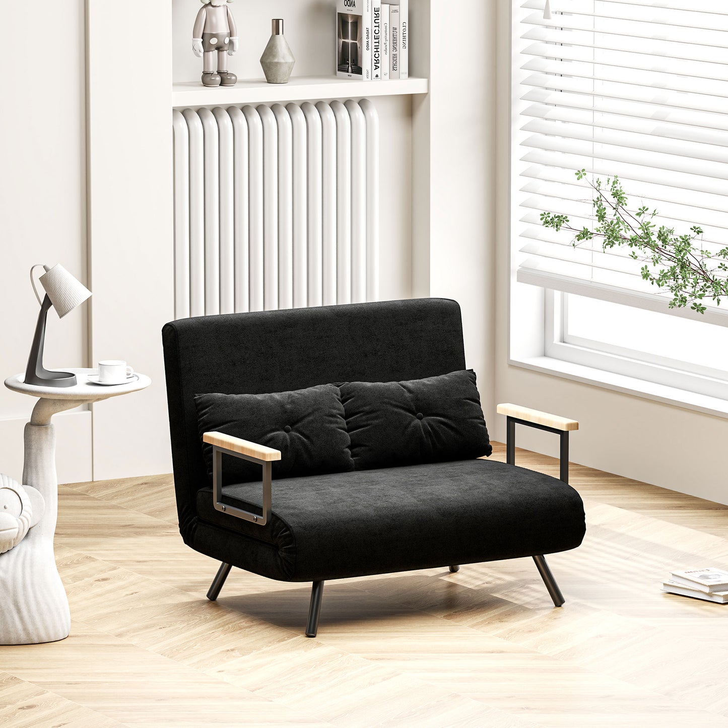 Canapea extensibilă 3 în 1 din material cu efect de catifea, cu spătar reglabil și 2 perne, 102x73x81 cm, negru