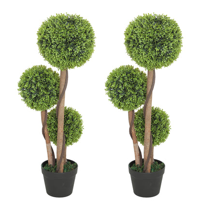 Set 2 Plante de Buxus Artificiale cu 3 Sfere, cu Ghiveci și Bază Întărită, Înălțime 90 cm, pentru Interior și Exterior
