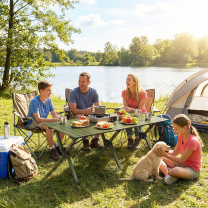 Masă de Camping Pliabilă 116 cm, Masă de Picnic Rezistentă la Apă cu Suprafață Rulabilă și Cadru Metalic, Verde
