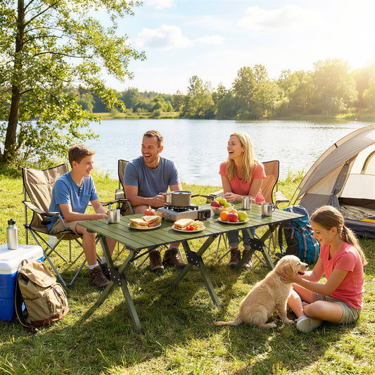 Masă de Camping Pliabilă 116 cm, Masă de Picnic Rezistentă la Apă cu Suprafață Rulabilă și Cadru Metalic, Verde