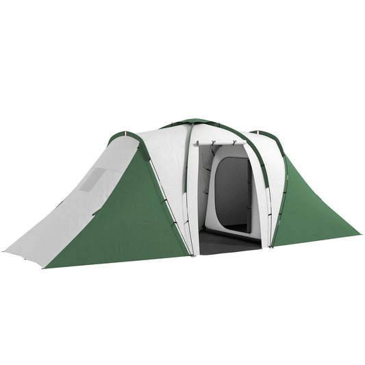 Cort de Camping pentru 4-6 Persoane cu 2 Camere, din Poliester și Fibră de Sticlă, 555x225x190 cm, Gri și Verde