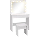 Masa Machiaj cu Oglindă LED 12 Lumini, Set cu Scaun Tapitat și Sertar Spațios, Mobilier pentru Dormitor, 80x40x140 cm, Alb