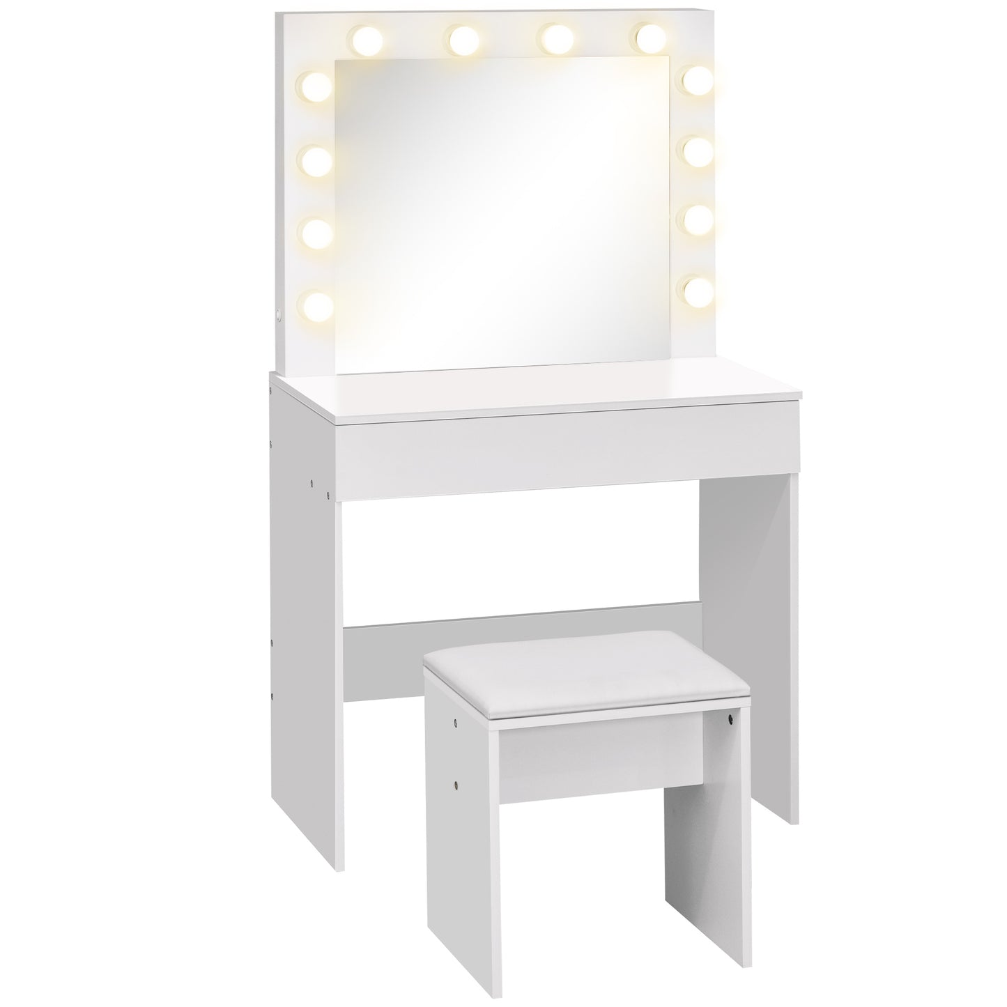 Masa Machiaj cu Oglindă LED 12 Lumini, Set cu Scaun Tapitat și Sertar Spațios, Mobilier pentru Dormitor, 80x40x140 cm, Alb