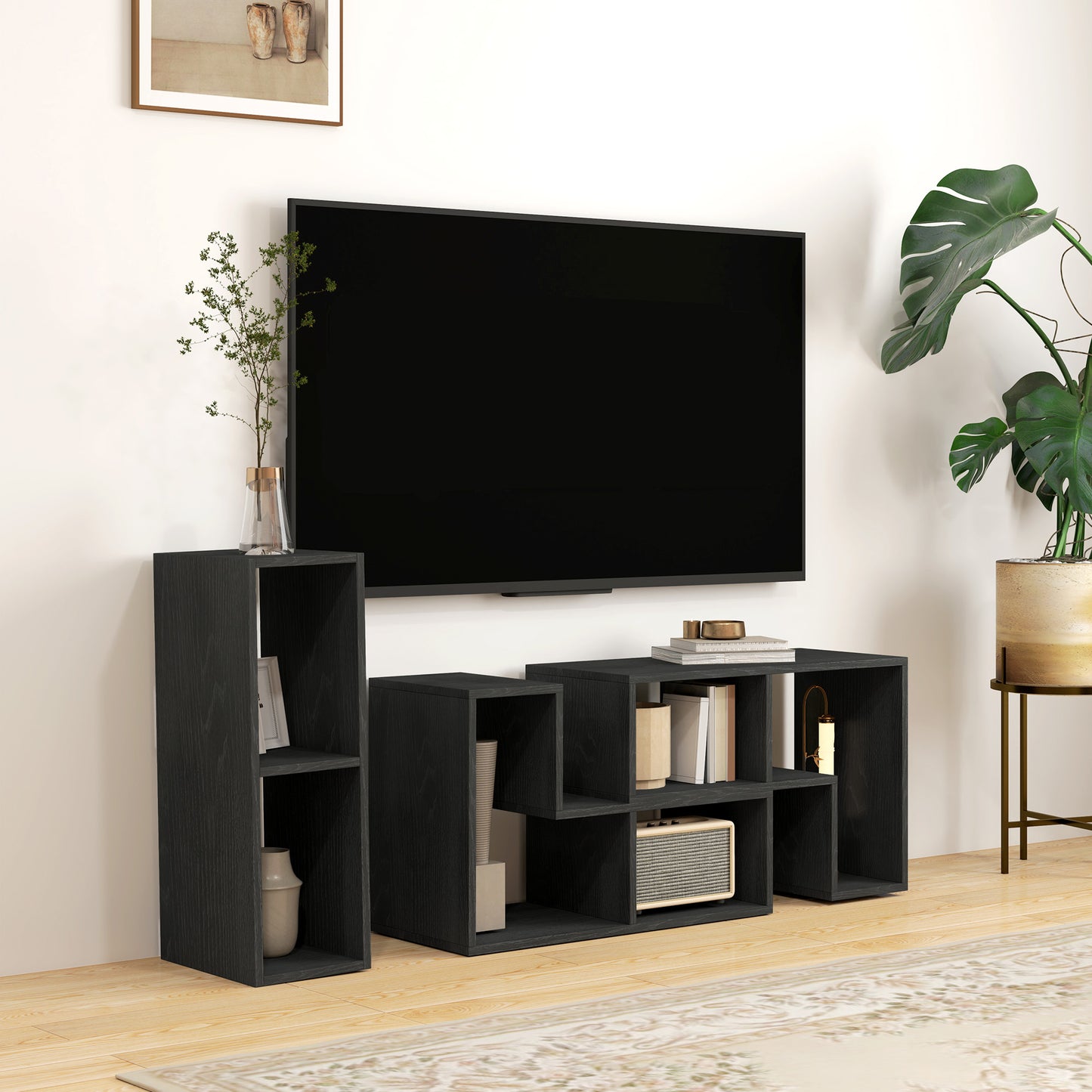 Mobilier TV modulabil pentru televizoare de până la 75" cu 2 rafturi în formă de L și poliță dreptunghiulară, din lemn, 134-180x30,5x44 cm, negru