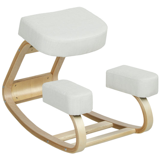 Sedia Ergonomica con Inginocchiatoio in Legno di Betulla e Cuscino, 51x69x58 cm, Crema