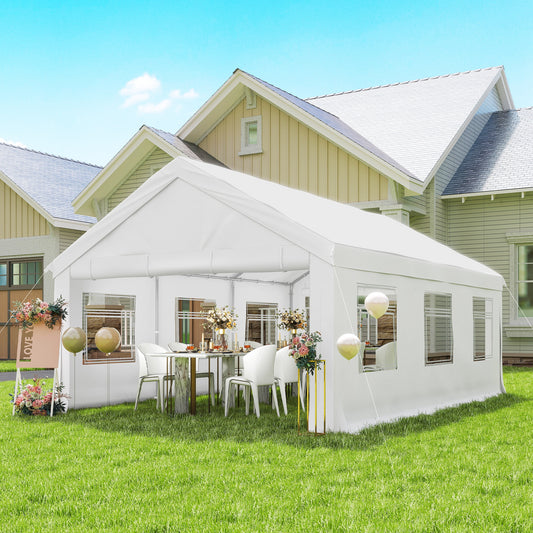 Pavilion de Grădină 4x6 m cu Pereți Laterali, 6 Ferestre și Dublă Intrare, din Oțel Galvanizat, Alb