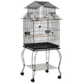 Colivie pentru Pasari pentru Interior din Otel si Lemn cu Tava Detasabila. 4 Roti, Recipient pentru Aliemnte, 51,5x50x140cm, Neagra