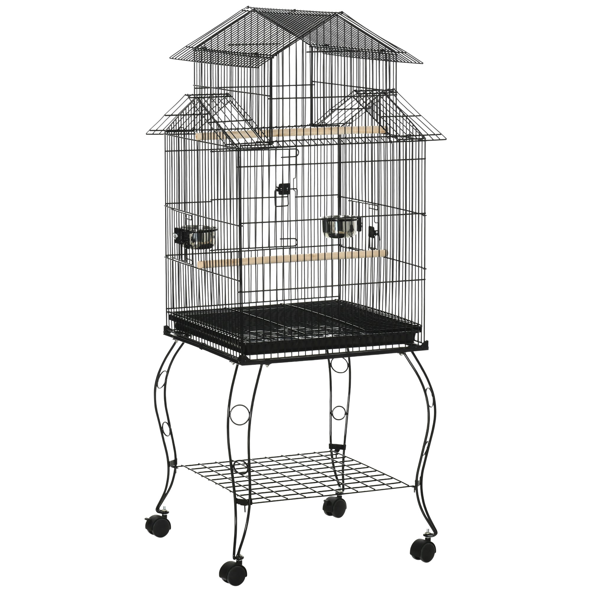 Colivie pentru Pasari pentru Interior din Otel si Lemn cu Tava Detasabila. 4 Roti, Recipient pentru Aliemnte, 51,5x50x140cm, Neagra